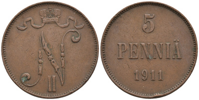 Россия для Финляндии 5 пенни 1911 Николай II (1894-1917) KM 15, Биткин 451 медь 85-1134