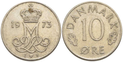 ДАНИЯ 10 ЭРЕ 1973 S; B, МАРГРЕТЕ II (1972-) KM 860.1 медно-никель 116-237