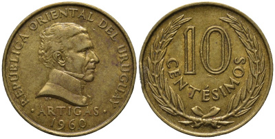 Уругвай 10 сентесимо 1960 ARTIGAS KM 39 никель латунь 4577-637