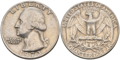 США 25 центов (квотер) 1973 D, Вашингтон KM 164a медь плакированная медно-никелем 4584-1024