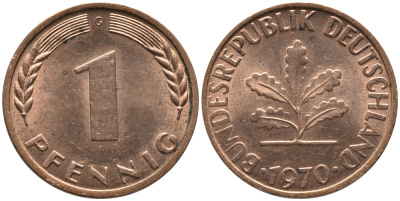 ФРГ 1 пфеннига 1970 G KM 105, J. 380 сталь плакированная медью UNC 99-1257