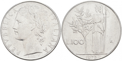 ИТАЛИЯ 100 ЛИР 1973 R АФИНА KM 96.1 сталь 3855-814