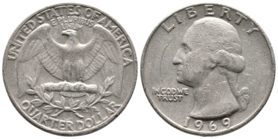 США 25 центов (квотер) 1969 Вашингтон KM 164а медь плакированная медно-никелем 4364-512