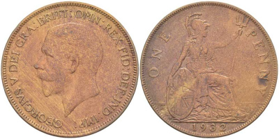 Великобритания 1 пенни 1932 Георг V (1910-1936) KM 838, Spink 4055 бронза 180-1213