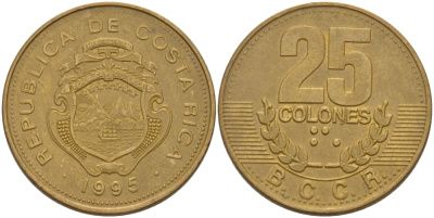 КОСТА-РИКА 25 КОЛОН 1995 KM 229 сталь плакированная латунью 67-1015