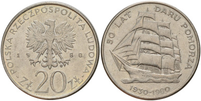 Польша 20 злотых 1980 MW, 50 лет фрегату «Дары Поморца» KM 112, Parchimowicz 253 медно-никель 4157-1011