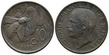 ИТАЛИЯ 10 ЧЕНТЕЗИМО 1935 R, ВИКТОР ИМАНУИЛ, ПЧЕЛА KM 60 медь 4382-937