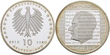 ФРГ 10 евро 2010 G, 100 лет со дня рождения Конрада Цузе KM 289, DE.S. 10.46 серебро PROOF 11-098-34
