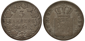 Бавария 3 крейцера 1851 Максимилиан II (1848-1864) KM 453 серебро 1517-634