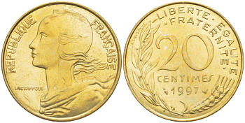 ФРАНЦИЯ 20 САНТИМОВ 1997 ТИП MARIANNE KM 930, LE FRANC 156.41 алюминиевая бронза 217-236