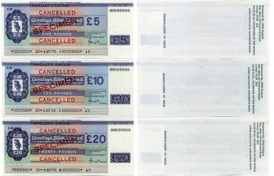 АНГЛИЯ НАБОР ИЗ 3 ДОРОЖНЫХ ЧЕКОВ (5, 10, 20 ФУНТОВ) GRINDLAYS BANK LIMITED (LONDON, FENCHURCH STREET 23), SPECIMEN бумага UNC (ПРЕСС) 6280-19-1-2