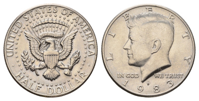 США 1/2 доллара (50 центов) 1983 D, Джон Кеннеди KM A202b медь плакированная медно-никелем UNC 4672-616