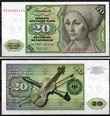 ФРГ 20 марок 1970 Эльсбет Тухер (Альбрехт Дюрер), скрипка, кларнет, буквы серии больше цифр Pick 32 a (2)  бумага  aUNC 451-917-3