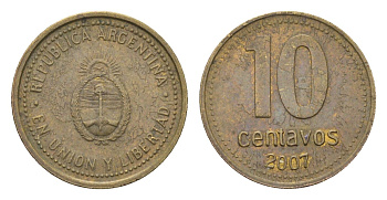 Аргентина 10 сентаво 2007 KM 107a сталь плакированная латунью 4664-611