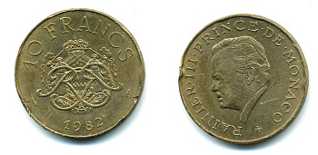 Монако 10 франков 1982 Ренье III (1949-2005) KM 154 медь никель алюминий 71-1622