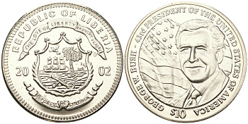 Либерия 10 долларов 2001 43-й президент США Джордж У. Буш KM 777 медно-никель  UNC  1099-3-45