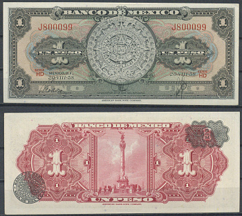 Мексика 1 песо 1958  Pick 59 d   бумага  UNC (пресс) 7221-39-2-2