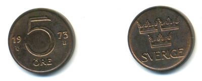 Швеция 5 эре 1973 U, Густав VI Адольф (1950-1973) KM 845 бронза 4379-644