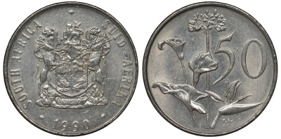 ЮАР 50 центов 1990 Зантедеския Эллиота (калла), герб KM 87 никель 4131-241