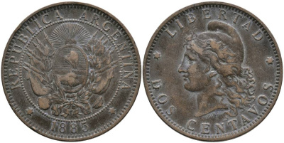 Аргентина 2 сентаво 1885 голова свободы влево KM 8 бронза 4531-532