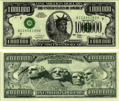 США 1000000 ДОЛЛАРОВ 2001 СУВЕНИРНАЯ БАНКНОТА, СТАТУЯ СВОБОДЫ НА ОСТРОВЕ ЭЛЛИС, МЕМОРИАЛ ПРЕЗИДЕНТОВ В ЮЖНОЙ ДАКОТЕ бумага UNC (ПРЕСС) 7198-34-2-2
