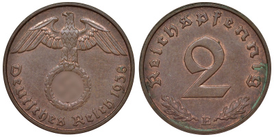 Германия 2 рейхспфеннига 1938 E KM 38, J. 362 алюминиевая бронза 4121-627