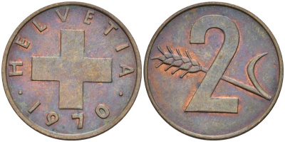 Швейцария 2 раппена 1970 KM 47 бронза 4592-626