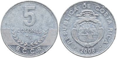 КОСТА-РИКА 5 КОЛОН 2008 B.C.C.R. KM 227b алюминий 53-624