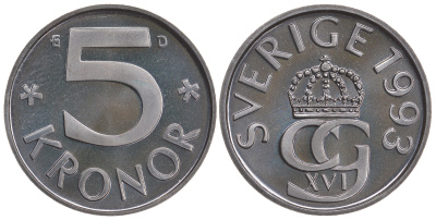Швеция 5 крон 1993 D, Карл XVI Густав (1973- ) KM 853a медно-никель PROOFLIKE 84-133