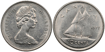 Канада 10 центов 1977 Елизавета II (1952-2022), парусник KM 77.1 никель 4115-1257