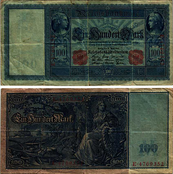 ГЕРМАНИЯ 100 МАРОК 1910 21 АПРЕЛЯ 1910, КРАСНАЯ ПЕЧАТЬ Pick 42 бумага 7191-56-1