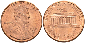США 1 ЦЕНТ 1995 D, ЛИНКОЛЬН KM 201b цинк плакированный медью UNC 187-656