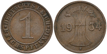 Германия 1 рейхспфенниг 1934 F KM 37, J. 313 бронза 4124-624