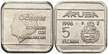 Аруба 5 флоринов 1996 Беатрикс (1980-2013) KM 12 сталь плакированная никелем 4619-423