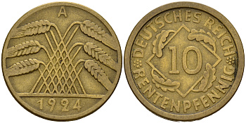 Германия 10 рентенпфеннигов 1924 A J. 309, KM 33 алюминиевая бронза    4603-747