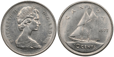 Канада 10 центов 1977 Елизавета II (1952-2022), парусник KM 77.1 никель 4115-1257