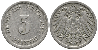 ГЕРМАНИЯ 5 ПФЕННИГОВ 1897 D KM 11, J. 12 медно-никель 39-723
