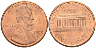 США 1 ЦЕНТ 1995 D, ЛИНКОЛЬН KM 201b цинк плакированный медью UNC 187-656