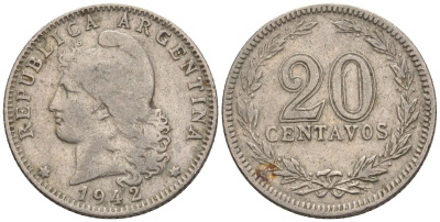Аргентина 20 сентаво 1942 голова свободы влево KM 36, CJ 89, Schon 39 медно-никель    60-921