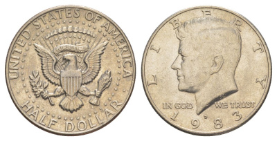 США 1/2 доллара (50 центов) 1983 D, Джон Кеннеди KM A202b медь плакированная медно-никелем aUNC 180-636