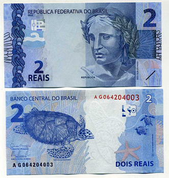 Бразилия 2 реала 2010 голова Республики, морские черепахи Pick 252 бумага UNC (пресс) 447-34-3-3