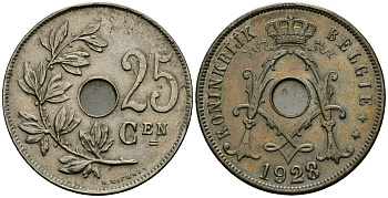 Бельгия 25 сантимов 1928 Belgie KM 69 медно-никель 4131-624