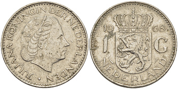 Нидерланды 1 гульден 1968 Юлиана (1948-1980) KM 184a никель 65-723