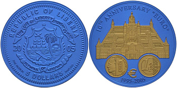 Либерия 5 долларов 2005 10 лет евро, страны еврозоны, Испания, с сертификатом, би-колор (два цвета), вес 7,78 гр., диаметр 35 мм.  ниобий  UNC  1081-7-54