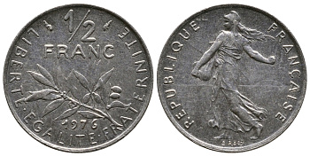 ФРАНЦИЯ 1/2 ФРАНКА 1976 СЕЯТЕЛЬ KM 931.1, LE FRANC 198.15 никель 26-1025
