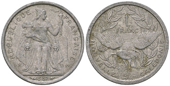 Французская Новая Каледония 1 франк 1982 птица кагу, (IEOM) KM 10, Schoen 10, Lec 45 алюминий    51-2134