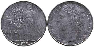 ИТАЛИЯ 100 ЛИР 1976 R, АФИНА KM 96.1 нержавеющая сталь 3334-136