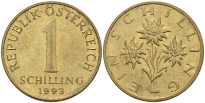 Австрия 1 шиллинг 1993 КМ 2886 алюминиевая бронза 4573-315