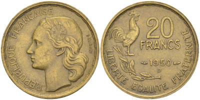 Франция 20 франков 1950 В, 4 пера KM 917.2, LE FRANC 402.4 алюминиевая бронза 4610-741