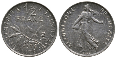 ФРАНЦИЯ 1/2 ФРАНКА 1976 СЕЯТЕЛЬ KM 931.1, LE FRANC 198.15 никель 26-1025